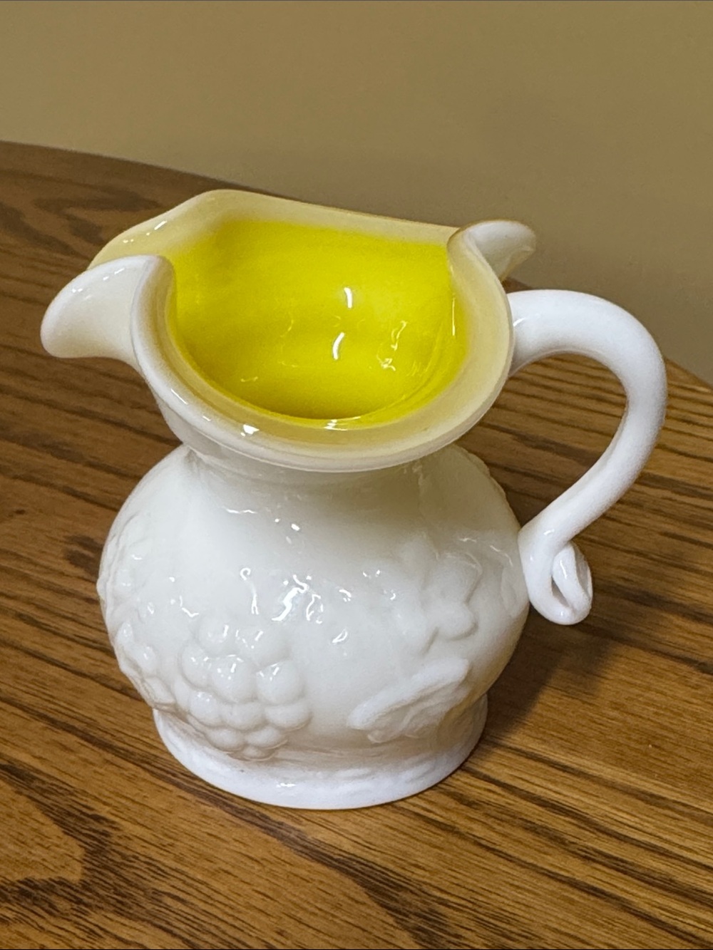 Kanawha Yellow Cased Milk Glass Pitcher/creamer grape and vine pattern 3.5”